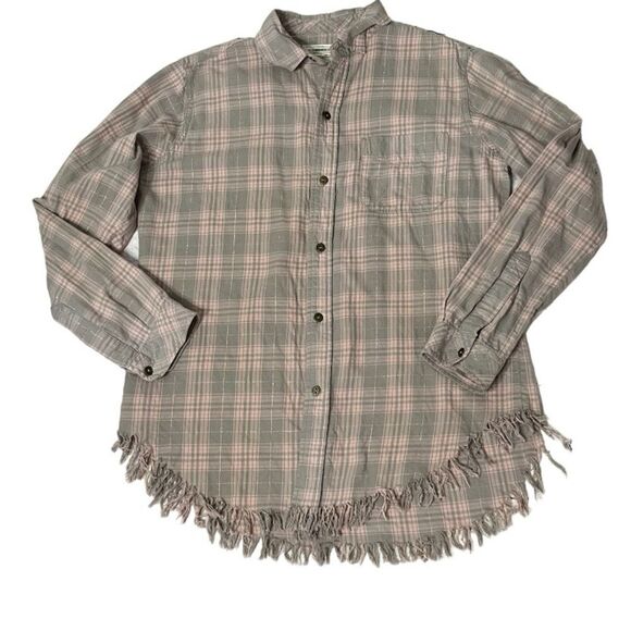 CURRENT ELLIOTT Plaid Shirt The Prep School Fray Pink Taupe Tinsel Size 2 - Picture 5 of 12